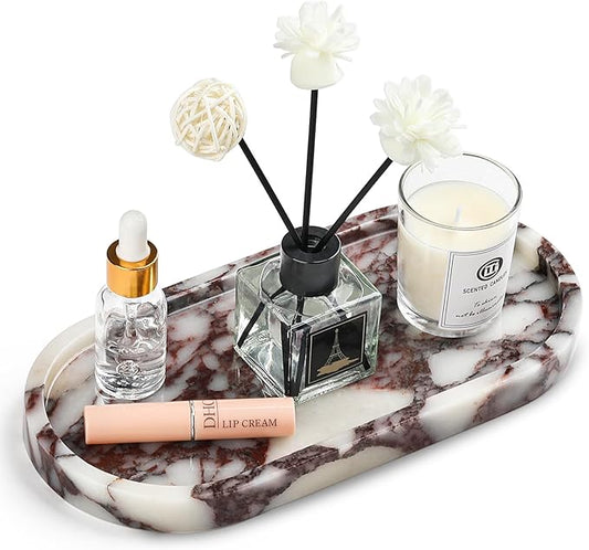 Natural Marble Vanity Tray - Moujings Genuine Marble Perfume Tray for Bathroom Decor, Stone Bathroom Vanity Organizer Tray for Kitchen Counter, Candles, Jewelry, Coffee, Makeup, Key