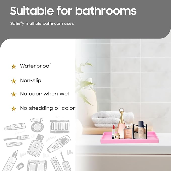 Mriluvy Vanity and Bathroom Tray, 9.8" ABS Countertop Organizer,Waterproof Vanity Tray for Toilet Tank,Perfume,Soap,Keys,Bathroom Accessories,Kitchen and Bath Trays,Non Slip Small Trays,Pink