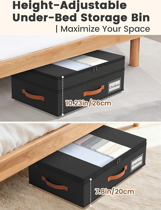 TOSKING Under Bed Storage with Wheels (2 Pack), Adjustable Height 7.9"-10.2", 6 Vacuum Bags, Expandable Rolling Underbed Bins, 600D Oxford Fabric, Drawer Organizer for Clothes, Shoes, Toys, Black