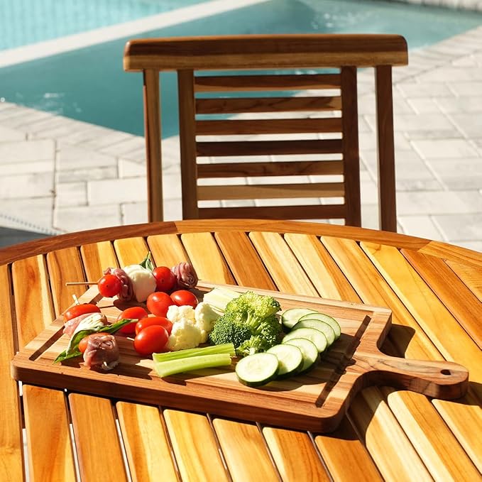 EcoDecors 17"x10" Teak Cutting Board with Handle & Juice Groove, FSC Certified Edge Grain Wood, Rectangle Prep & Serving Board for Kitchen
