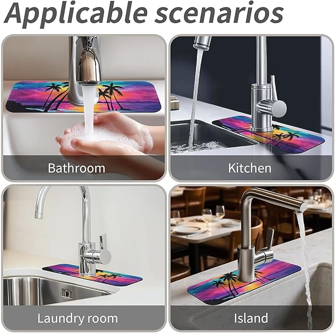 Kitchen Sink Splash Guard，Magnificent sunset Faucet Mat Sink Gadgets-Super Absorbent Fast Drying Mat Drip Catcher for Kitchen, Bathroom,Sink Mat, Dish Drying Mat, Bathroom(15" X 5.5" )