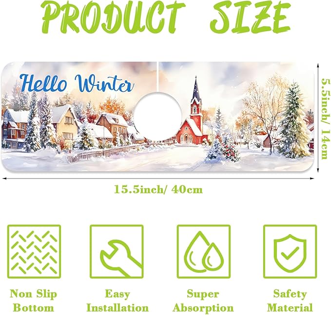 Chrismas Sink Faucet Absorbing Mat Hello Winter Sink Splash Guard Drying Mat for Kitchen Bathroom Faucet Sinkmat 15.5"X5.5"