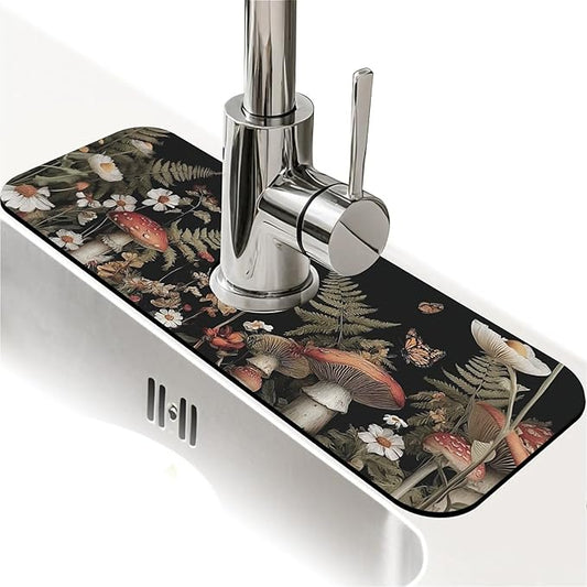 Kitchen Sink Splash Guard，Dark mushrooms and butterflies Faucet Mat Sink Gadgets-Super Absorbent Fast Drying Mat Drip Catcher for Kitchen, Bathroom,Sink Mat, Dish Drying Mat, Bathroom(15" X 5.5" )