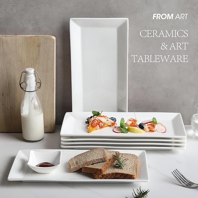 Rectangular Serving Platter Set, 12 Inch Large Serving Plates, Stackable Serving Tray for Wedding, Ceramic White Serving Platters for Entertaining, Dishwasher & Oven Safe, Gift for Housewarming (4PCS)