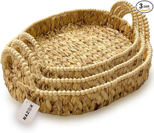 NAZOX Handwoven Water Hyacinth Storage Baskets for Toilet, Living Room, Nursery Organization - Natural Oval Set of 3 Versatile Nesting Baskets with Scalloped Edge Design & Handles