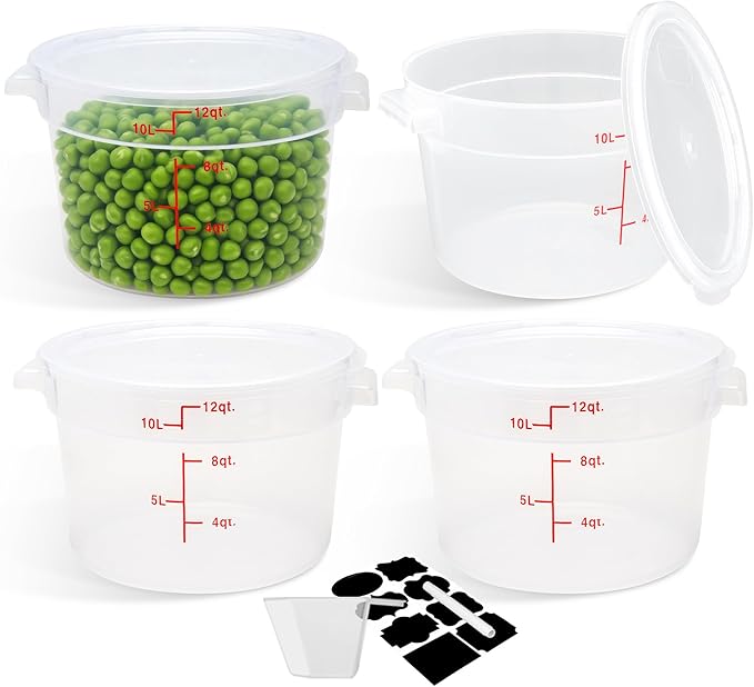 BIEAMA 4 Pack Round Food Storage Containers with Lids, 12Qt Translucent Commercial Food Container, Polypropylene, BPA Free, Includes Labels & Measuring Cups