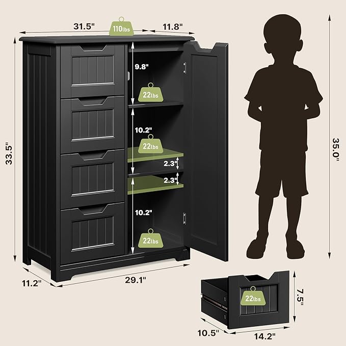 Gizoon Small Kitchen Pantry Storage Cabinet with Door and Shelves, 33'' Kitchen Pantry Cabinet Freestanding Wooden Bathroom Storage Cabinet with 4 Drawers for Kitchen and Dining Room, Black