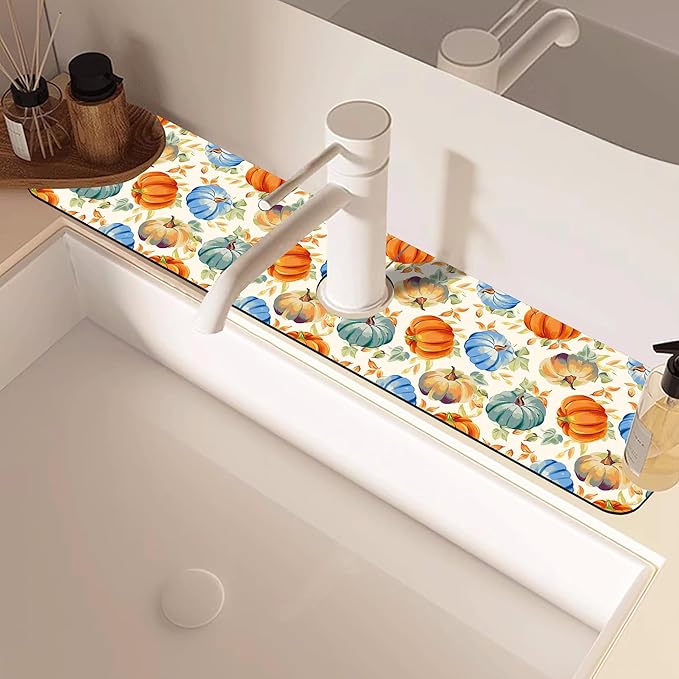 Thanksgiving Colorful Pumpkin Dish Drying Mat for Kitchen Sink Splash Guard Behind Faucet Sink Mat Absorbent Fast Drying Faucet Draining Mat for Bathroom Kitchen 5.5"×24"