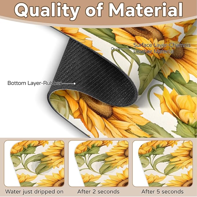 Sunflower Field Kitchen Faucet Mat Splash Guard, 15.4”x5.7” Absorbent Quick Drying Sink Mat for Countertop Protection, Draining Mat Sink Protectors For Kitchen Bathroom, 2 Pack