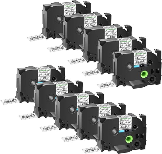 GREENCYCLE Compatible for Brother P-Touch TZe-151 TZe151 AZE Tape 24mm 0.94 Inch 1" Black on Clear Laminated Label Tape for PT2730 PT9600 PTD600VP PTD800W PTH500LI PTP700 PTP710BT PTP750W, 10 Pack