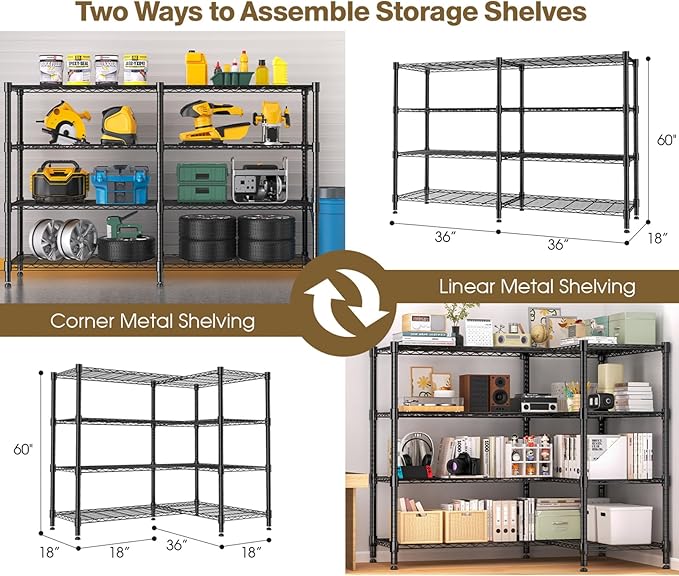 Himimi 4-Tier Metal Shelving - 1600LBS Capacity, Adjustable Heavy Duty Wire Unit with Leveling Feet for Kitchen, Garage, Pantry, Laundry, 72" W x 18" D x 60" H, Black