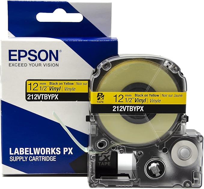 LABELWORKS 212VTBYPX Tape Cartridge - Black on Yellow Flexible and Durable Vinyl Industrial Label Maker Tape - 1/2" (12MM) Wide, 22.9 ft