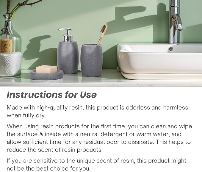 Grey Bathroom Accessories Set 3 PC, Resin Sandstone Look Soap Dispenser, Toothbrush Cup, Soap Dish, Bathroom Soap Dispenser Set for Home Decor and Kitchen