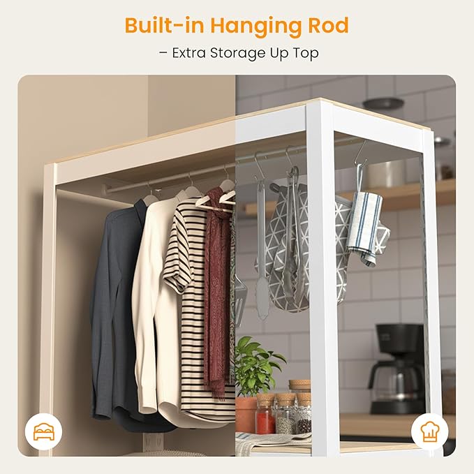5 Tier Metal Shelves Unit, Adjustable Pantry Organizers and Storage Shelves, Shelving Unit for Closet with Clothes Rod, Storage Rack for Pantry, Laundry, Kitchen - White& Wood Color