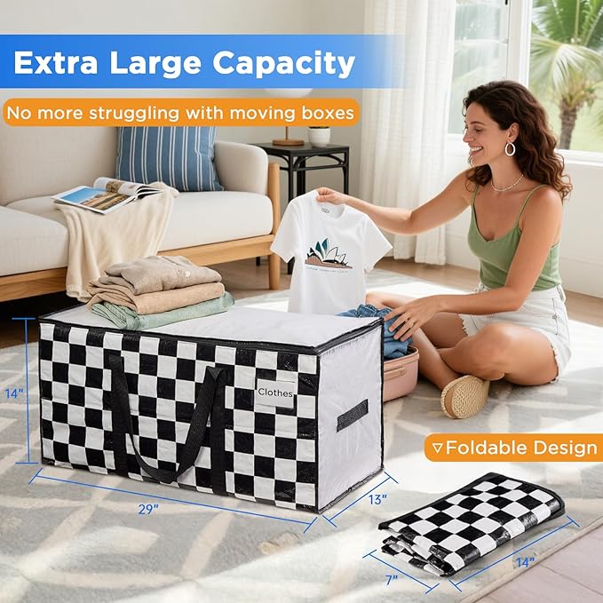 Extra Large Moving Bags Heavy Duty Storage Bags with Zipper Handles, BETU 8 Pack Clothes Storage Totes Bins Packing Moving Boxes, Moving Supplies for College Dorm Essentials, Space Saving,White Plaid