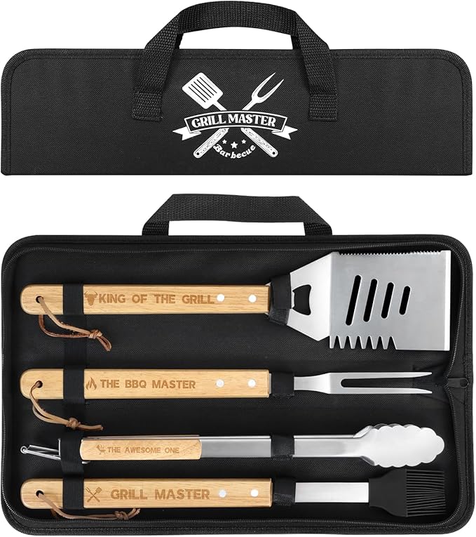 Coralogo 4PCS Grilling Accessories BBQ Tools - Stainless Steel Grill Set with Tongs, Fork, Spatula, Brush, Carrying Bag, Valentines Day & Birthday Gift for Men, Father, Husband