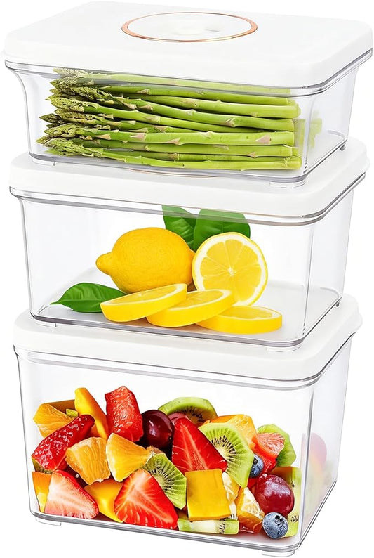 Vacuum Seal Containers, 3Pcs Reusable Food Storage Containers with Lids for Meal Prep and Freezer,BPA-Free，Microwave Safe，Leak-proof,Airtight (Vacuum Sealer Not Included)