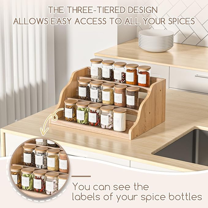 Memanque Tiered Spice Rack Organizer for Cabinet, Wooden Spice Rack for Countertop, Spice Shelf organizer Spice Organization for Cabinet
