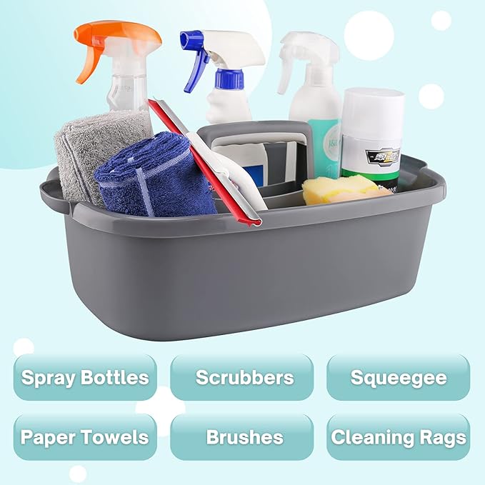 Cleaning Caddy Organizer with Handle, Gray Plastic Bucket for Cleaning Supplies Products, Cleaning Tool Storage Tote, 2 Pack
