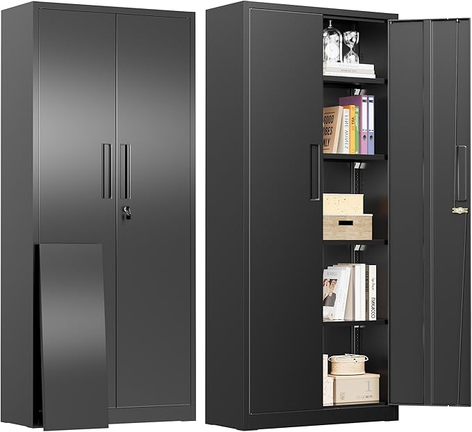 Greenvelly Metal Cabinet, 63”Tall Kitchen Pantry Storage Cabinets with 2 Lock Doors and 4 Adjustable Shelves,Black Kitchen Cabinet Storage for Dinning Room,Garage,Office