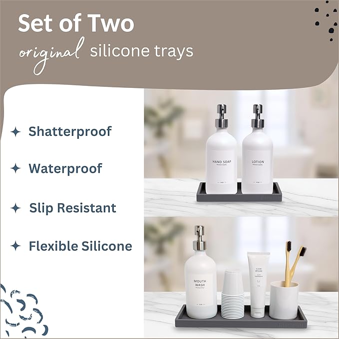 Spacewiser Countertop and Vanity Tray - 2 PC (11” and 7”) Shatterproof Silicone Kitchen and Bathroom Trays for Counter, Kitchen Soap Dispenser Tray, Vanity Trays for Bathroom, Perfume Key Tray