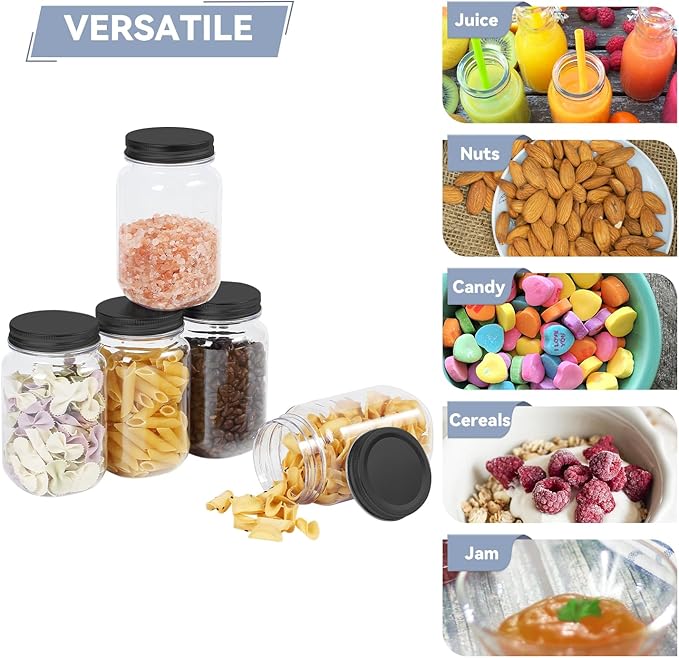 novelinks 16 oz Clear Plastic Jars with Lids, Refillable 16oz Mason Jars with Lids & Storage Containers for Kitchen & Household Use (20 Pack,Black)