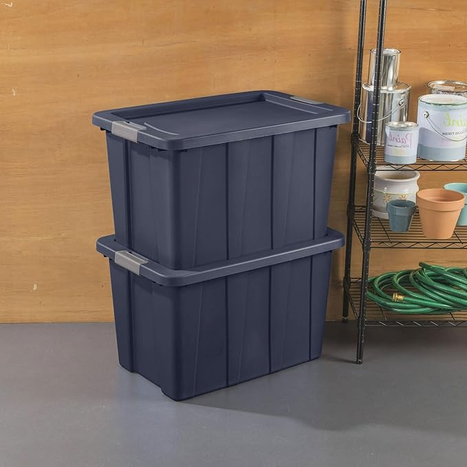 30 Gallon Stackable Storage Bins with Lids - Heavy Duty Totes with Secure Latching & Integrated Handles for Garage, Camping, Attic & Home Closet Organization, Dark Blue