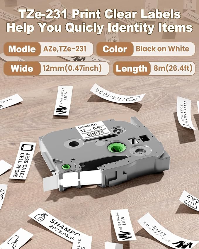 MarkDomain Compatible with Brother P-Touch Label Tape TZe-231 (Work For Brother PT-D210 PT-H110 PT-D220 1180 2030+ Label Maker) (Easy to Peel) TZe TZ 12mm 0.47 Laminated White Label Maker Refills, 5PK