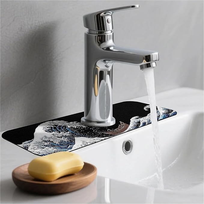 Kitchen Sink Splash Guard，white blue wave Faucet Mat Sink Gadgets-Super Absorbent Fast Drying Mat Drip Catcher for Kitchen, Bathroom,Sink Mat, Dish Drying Mat, Bathroom(15" X 5.5" )