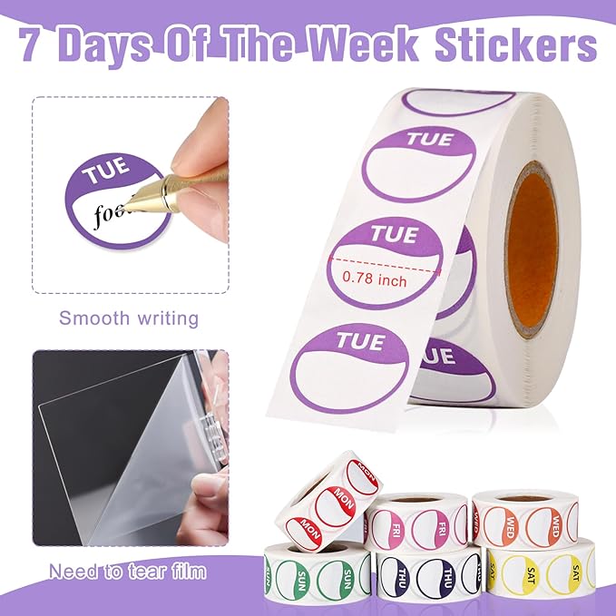 3500 PCS 7 Days of The Week Stickers 1 Inch Sticker Roll Dispenser Holder Acrylic Day Dot Dispenser Food Date Labels Stickers Monday to Sunday for Kitchen Restaurant Expiration Date