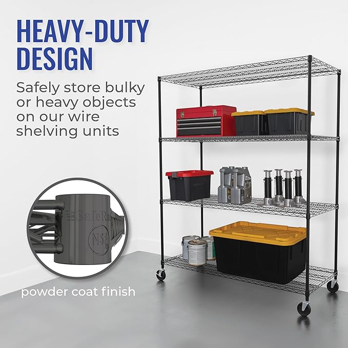 SafeRacks - NSF Certified Storage Shelves, Zinc, Heavy Duty Steel Wire Unit with Wheels and Adjustable Feet, Garage or Bakers Rack, Kitchen, Pantry Shelf - (24"x60"x72" 4-Tier) (Black)