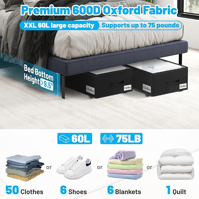 Under Bed Storage with Wheels, 2-Pack 10" Height XXL 60L Rolling Storage Bins, Quick Assembly Underbed Shoe Storage Containers with Clear Lid & Label, Dorm Under bed Drawers for Clothes, Shoes, Black