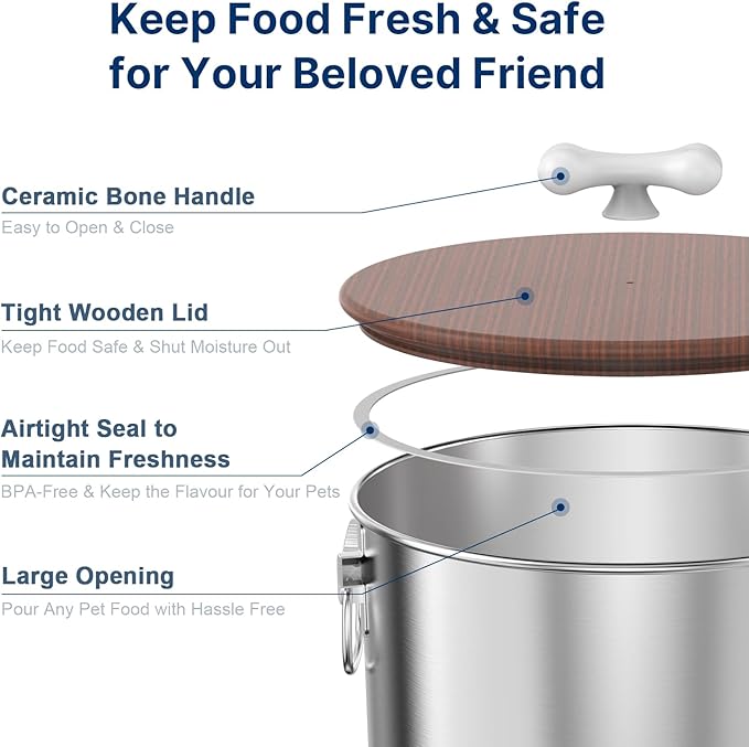2PK 35 Lbs total 70Lbs Stainless Steel Dog Food Storage Container with Airtight Wooden Lid & Ceramic Bone Handle, Large Metal Dog Food Bin for Dogs & Cats, Keep Fresh, Easy to Clean