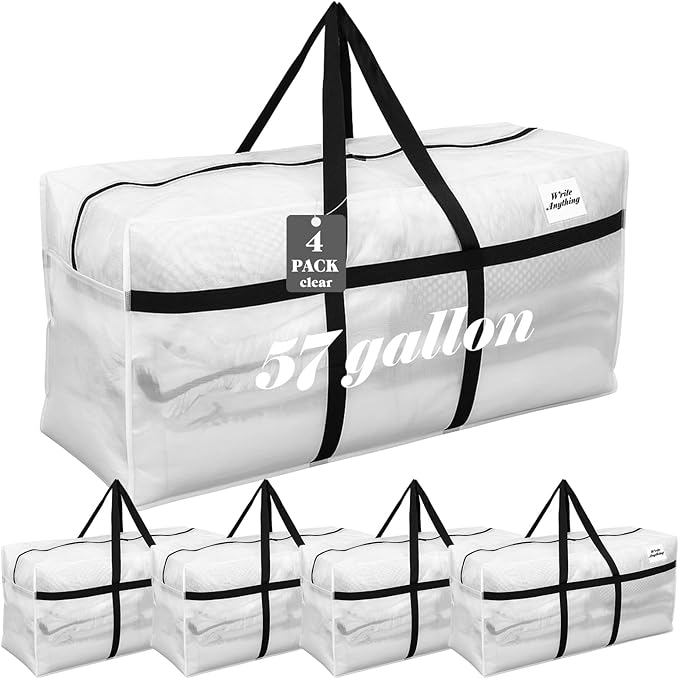 Windyun 4 Pack 57 Gallon Extra Large Moving Bags XXL Heavy Duty Storage Bag with Strong Zipper Handle Jumbo Big Tote Box Foldable for College Dorm Travel Clothes Duffle Blanket Pillow(Transparent)
