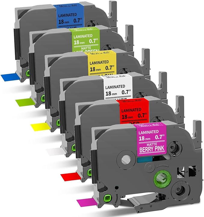 Replacement for Brother P-Touch Label Tape 3/4 Inch TZ Tape 18mm 0.7 Inch Laminated Colored Label Maker Tape Compatible with Brother PT-D400 PT-D610BT PT-D410, White/Red/Yellow/Blue/Green/Pink, 6PK