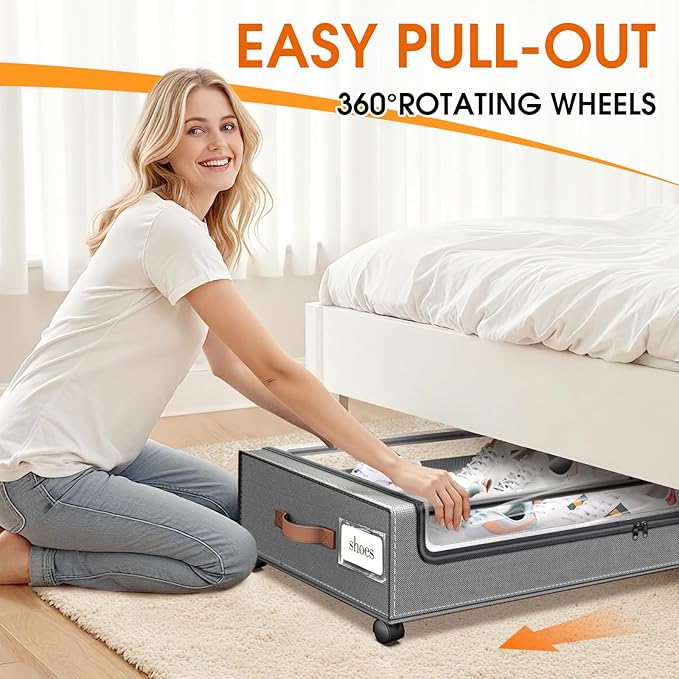Under Bed Storage with Wheels 2Pack Underbed Storage with Clear Window&Label Under Bed Drawers Large Capacity Rolling Under Bed Storage for Clothes,Shoes, Blankets (Light Grey)