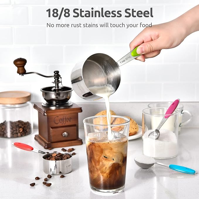 U-Taste Measuring Cups Spoons Set: 18/8 Stainless Steel 12 Pieces Stacking Kitchen Baking Cooking Food Measure Scoop Set, 7 Cups & 5 Spoons with Strengthened Weld Joints (Color, Upgraded Version)