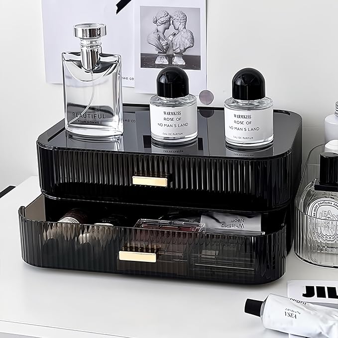 Decorcode 2 Pack Stackable Makeup Organizer with Drawers, Bathroom Storage for Eyeshadow Palettes, Cosmetics, and Beauty Supplies. Ideal for Vanity Counter, Cabinet, Entryway Table, Desk