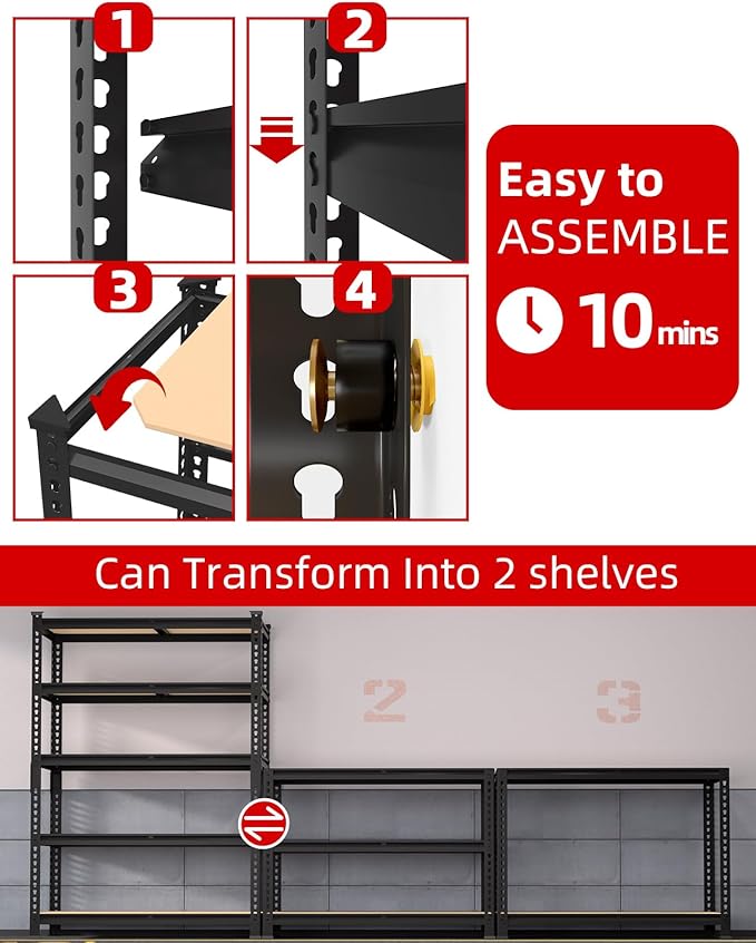 PrimeZone 35.5" x 12" x 72" Heavy Duty Storage Shelves - 5 Tier Adjustable Garage Storage Shelving, Metal Storage Utility Rack Shelf Unit for Warehouse Pantry Closet Kitchen, Black, 3 Pack