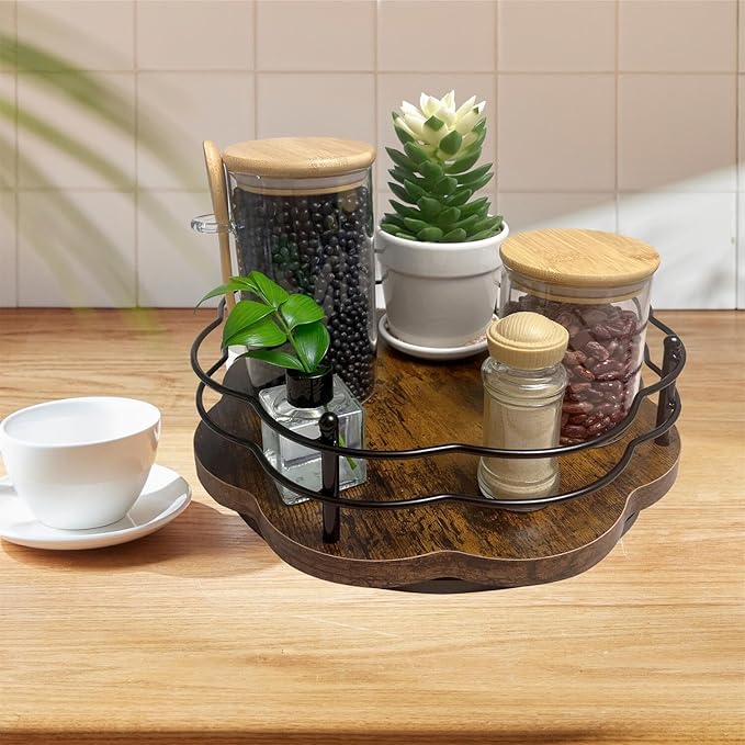 BaiWinlar 12" Lazy Susan Turntable Organizer with Higher Metal Sides, Wooden Lazy Susan Spice Rack Organization and Storage for Cabinet,Kitchen,Countertop,Table Top,Dining Table,Coffee Bar Decor