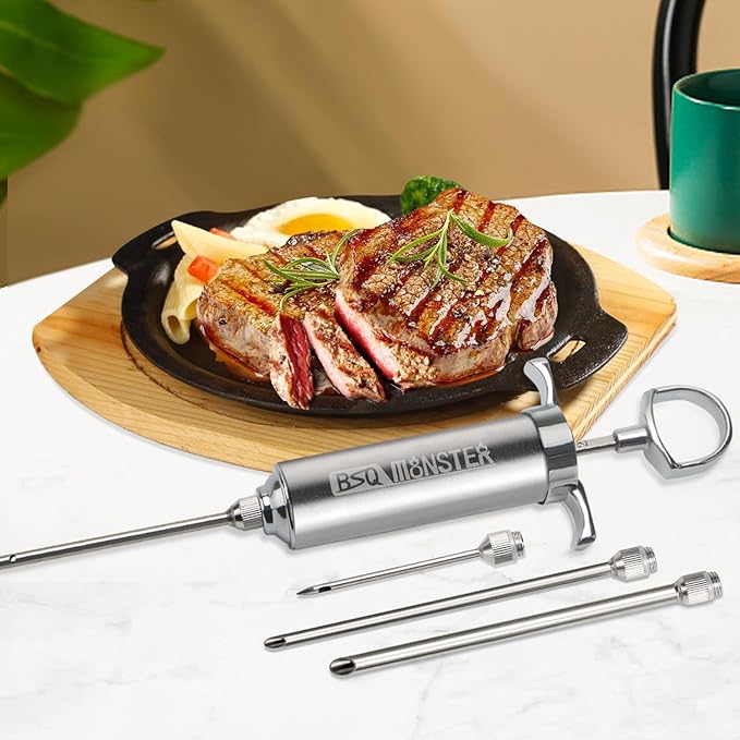 BSQ MONSTER Meat Injector Syringe Kit with 4 Professional Marinade Injector Needles for BBQ Grill Smoker, Turkey and Brisket; 2-oz Large Capacity, Including Paper User Manual, Recipe E-Book (PDF)