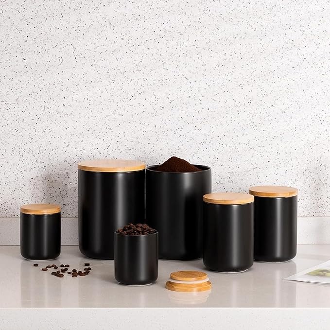 Yangbaga Black Canisters for Kitchen-Kitchen Canisters for Countertop with Airtight Wood Lids/Spoons/Stickers,Ceramic Kitchen Storage Containers for Large Flour,Suger,Coffee（15 OZ