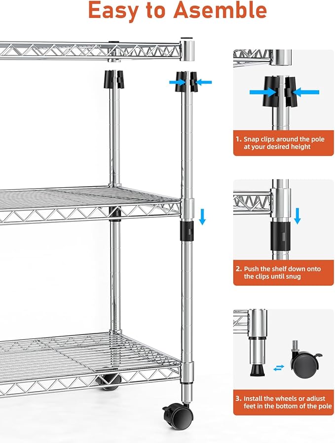 YSSOA 3-Tier Heavy Duty Storage Shelves 750Lb Capacity, 24.02" D x 13.78" W x 21.97" H Shelving Unit for Pantry, Garage, Laundry and Kitchen, Chrome, 2 Pack