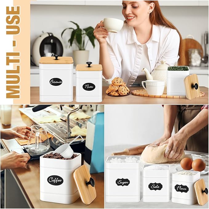 Tioncy Kitchen Canisters for Countertop Set of 3 Metal Canisters Sets with Bamboo Lids Spoon Airtight High Capacity Coffee Tea Sugar Flour Jars with DIY Labels Farmhouse Food Storage (White)