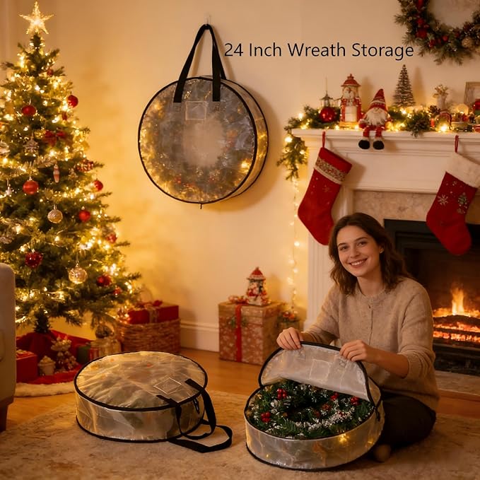 4 Pack Wreath Storage Bag, Summer, Christmas Decoration Garland Container, 24 Inch Clear Door Wreath Organizers, Moving Boxes, Packing Supplies for College
