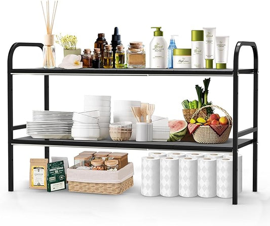 Expandable 2-Tier Under Sink Organizer, 8 Removable Plastic Boards, Tool-Free Installation (Black, 2-Tier 8 Boards)