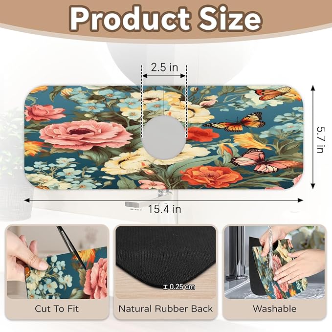 Vivid Flora Butterfly Blend Kitchen Faucet Mat Splash Guard, 15.4”x5.7” Absorbent Quick Drying Sink Mat for Countertop Protection, Draining Mat Sink Protectors For Kitchen Bathroom, 1 Pack