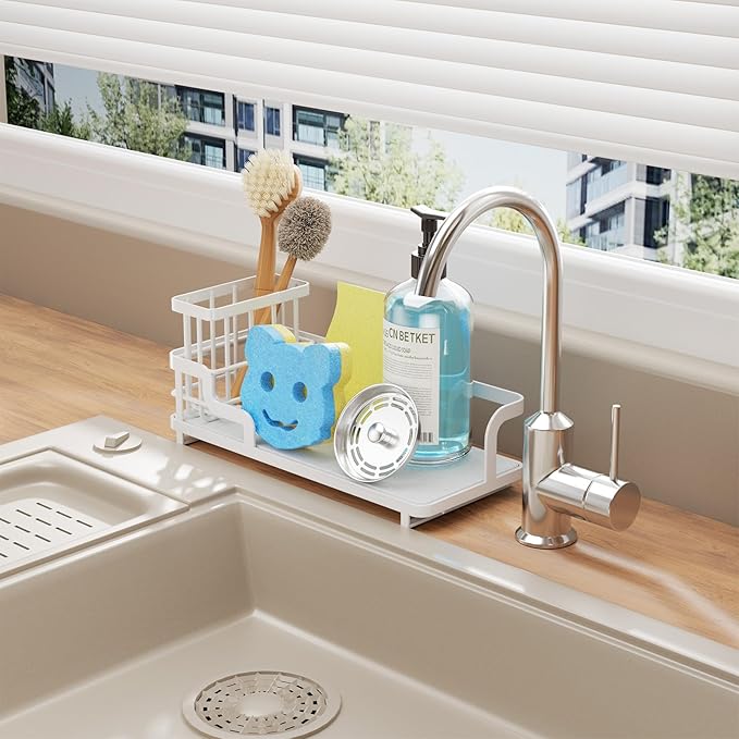 Consumest Sponge Holder for Kitchen Sink - Sink Caddy Organizer with Water Absorbing Stone Tray, Detachable Brush Holder, Stainless Steel Kitchen Counter Organizer Rack, White