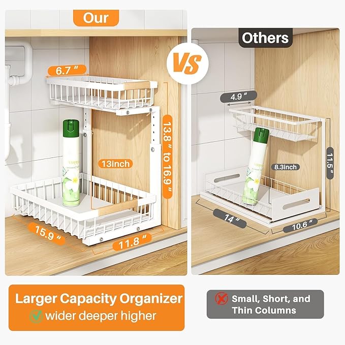 PXRACK Under Sink Organizer, Adjustable Height, 2 Tier Pull Out Under Cabinet Organizer, Slide Out Thickened Metal Under Sink Storage for Kitchen Bathroom Laundry Pantry Cabinet, 2-Pack, White