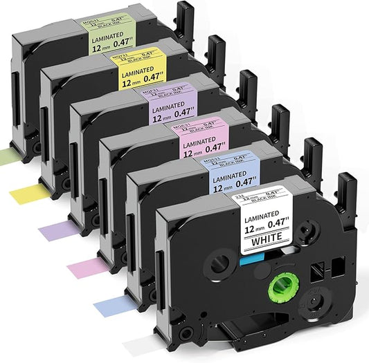 Labelife 6-Pack Compatible Brother P Touch Label Maker Tape, TZe TZ Tape 12mm 0.47 Laminated Color Label Tape for Brother PT-D210 PT-D220 PT-H110 PT-D610BT PT-D400, Pink/Blue/Purple/White/Yellow/Green